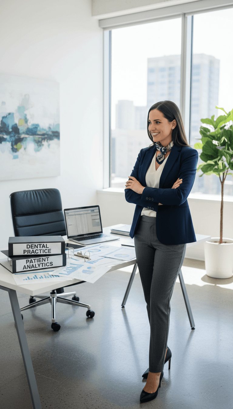 Beraterin mit Unterlagen einer Zahnarztpraxis im modernen Büro