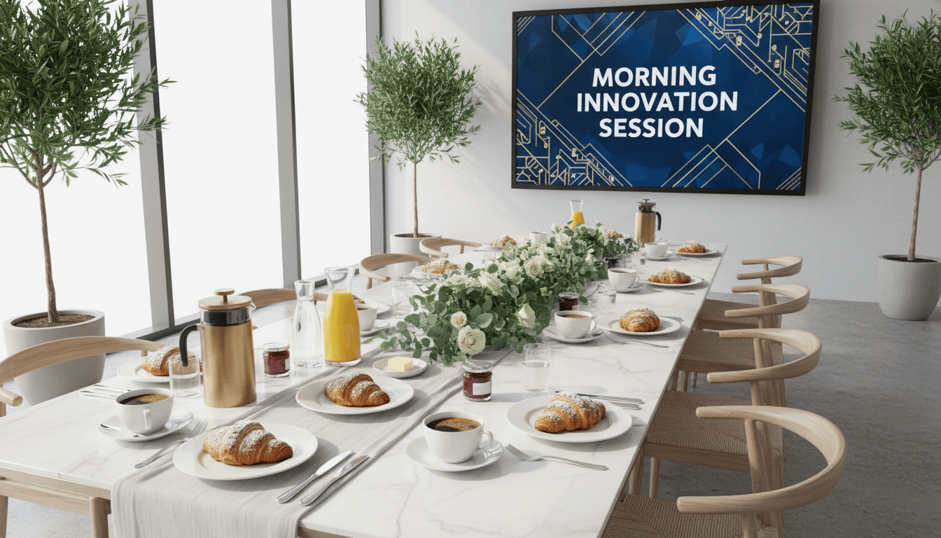 Elegant gedeckter Frühstückstisch mit Kaffee und Croissants in einem hellen, modernen Besprechungsraum