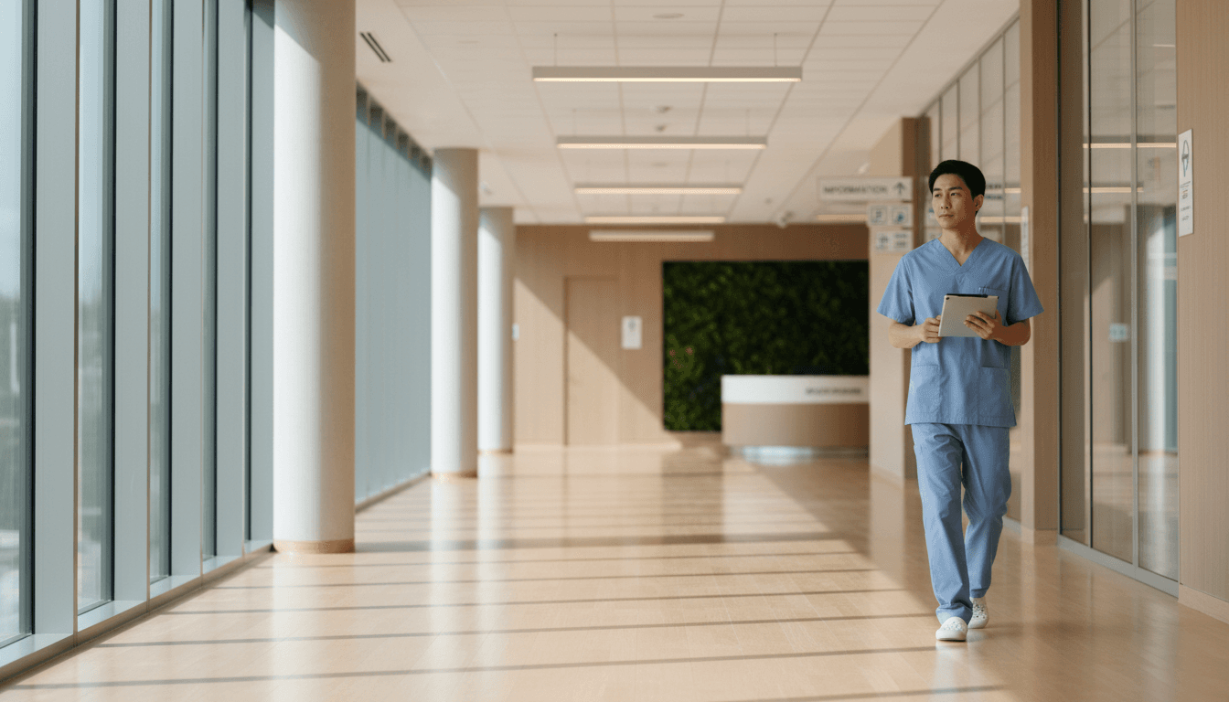 Ärztin mit Tablet in einem modernen Klinikflur